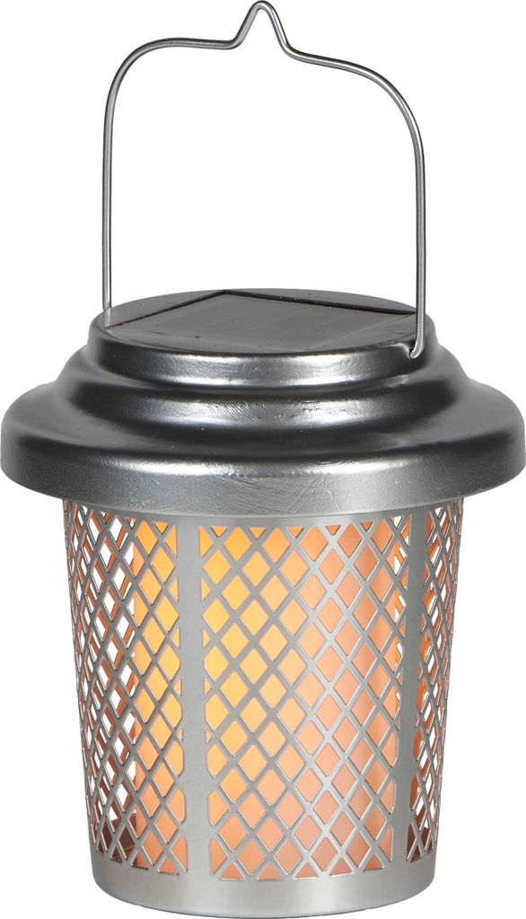 A solar-powered lantern with a flame effect.