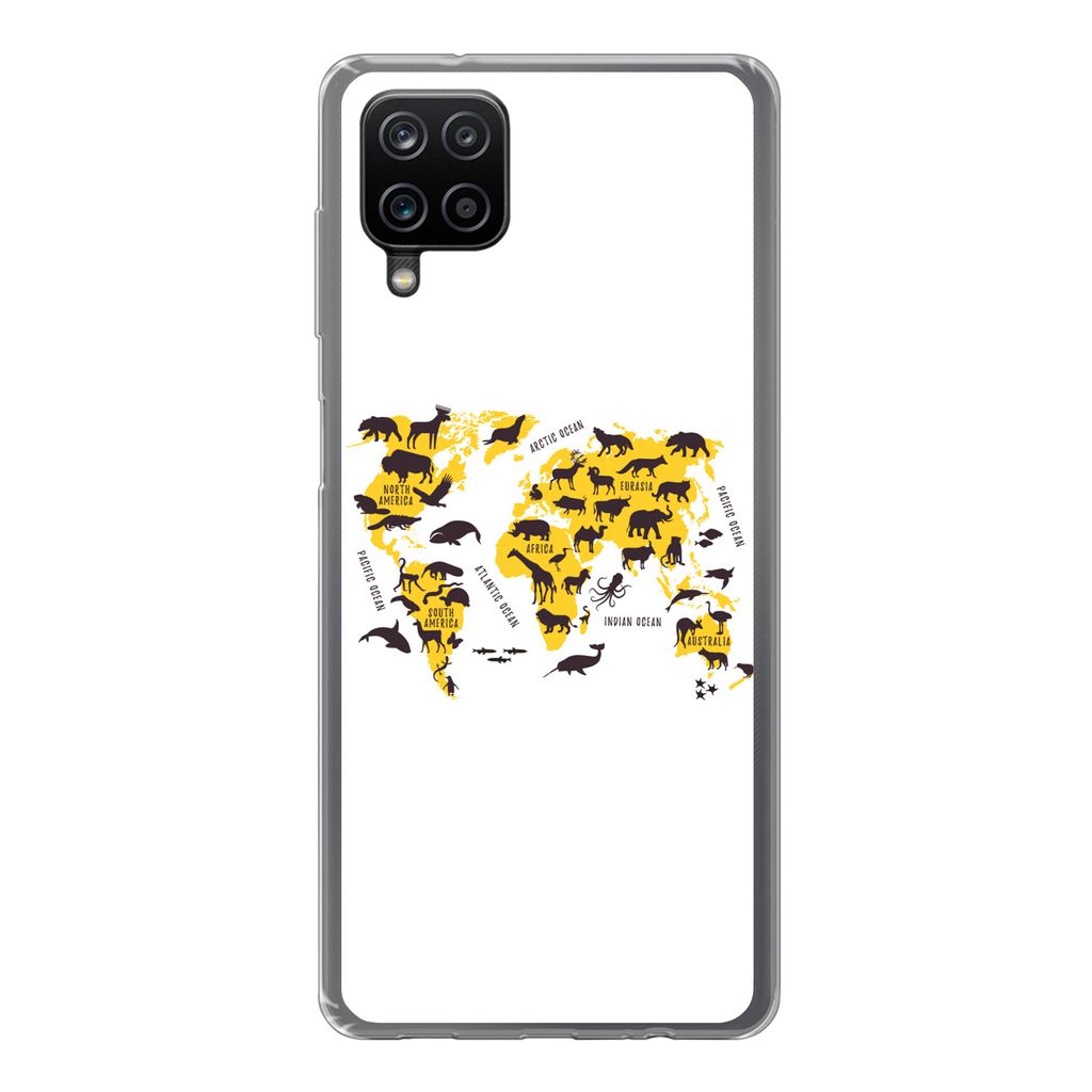 MuchoWow Handyhülle Schutzhülle Hülle für Samsung Galaxy A12 Weltkarte - Tiere - Gelb Silikon Softcase Handy Hülle - Bild