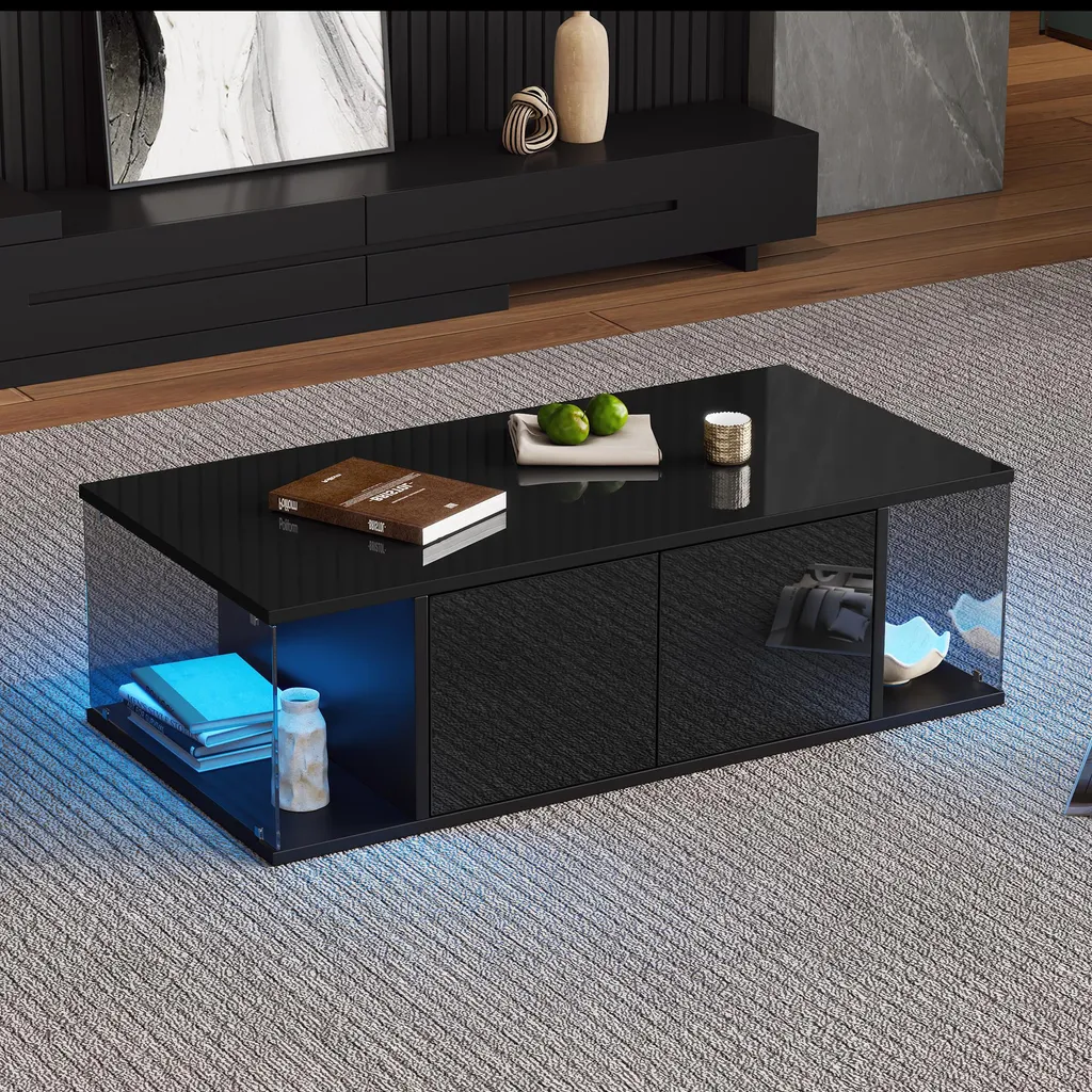 Table Basse Design Noire pour Salon Moderne, Rangement et LED 100cm