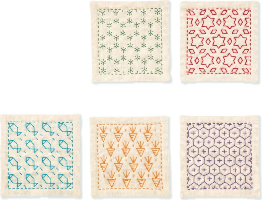 Kit Ricamo Sashiko Olympus Hitomezashi: 5 Sottobicchieri Ecru Originali