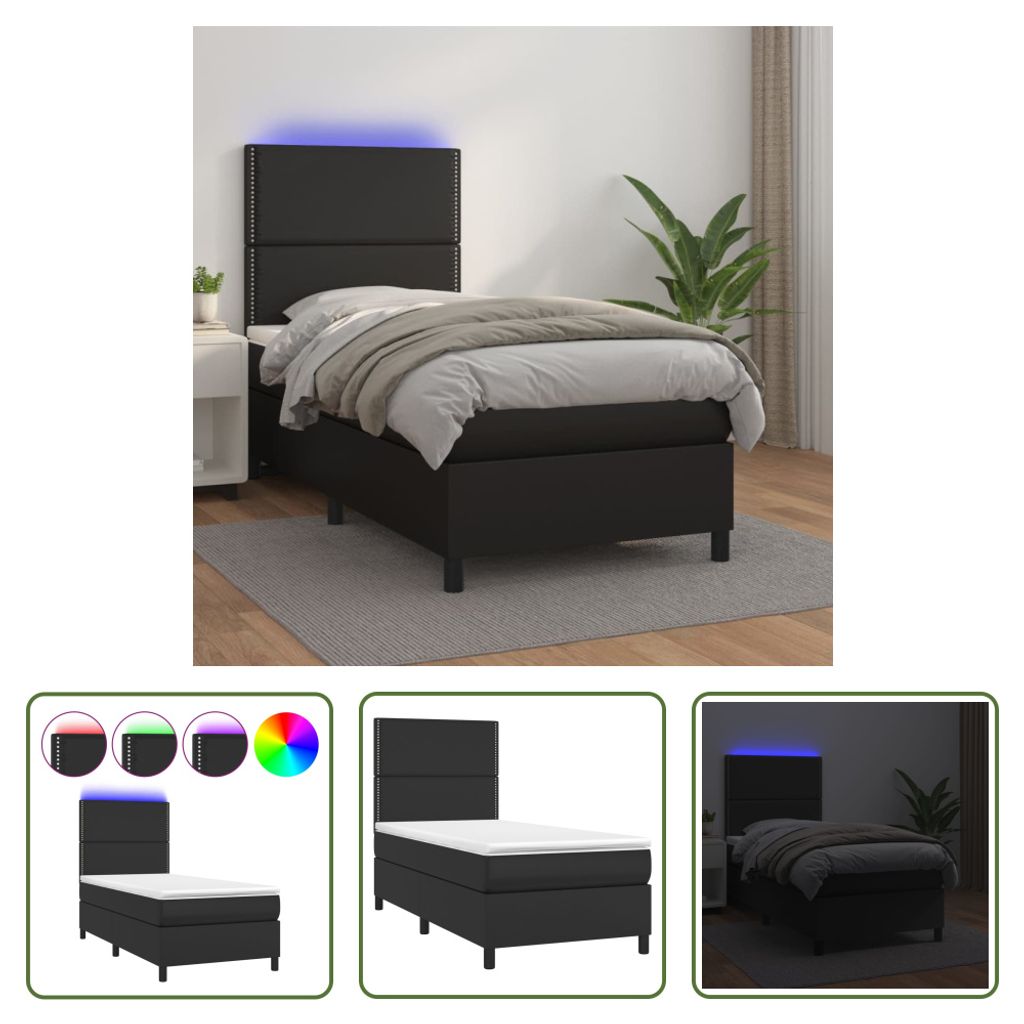 The Living Store Boxspringbett mit Matratze & LED Schwarz 90x200 cm Kunstleder