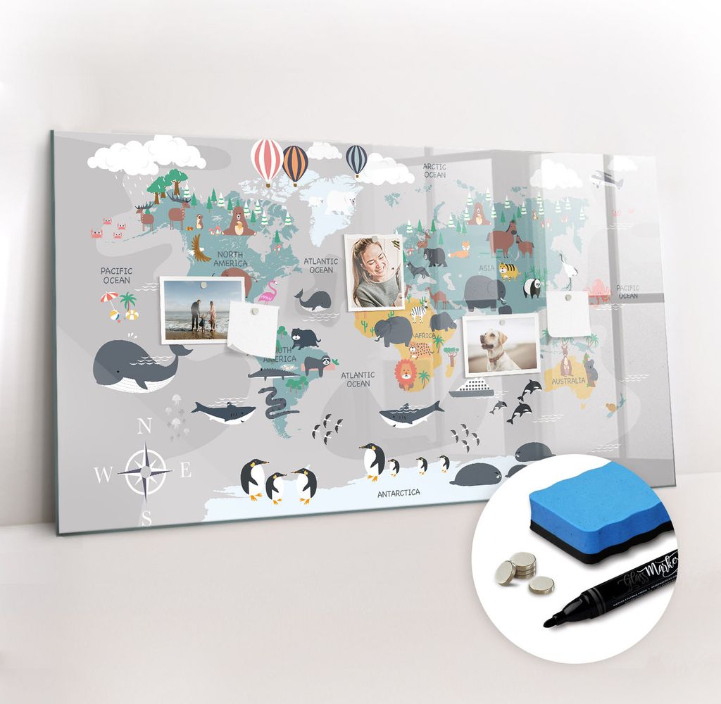 Magnetpinnwand Memoboard - Zubehörsatz - Schwarzer Marker + Schwamm + Magnete - 120 x 60 cm - Cartoon-Karte