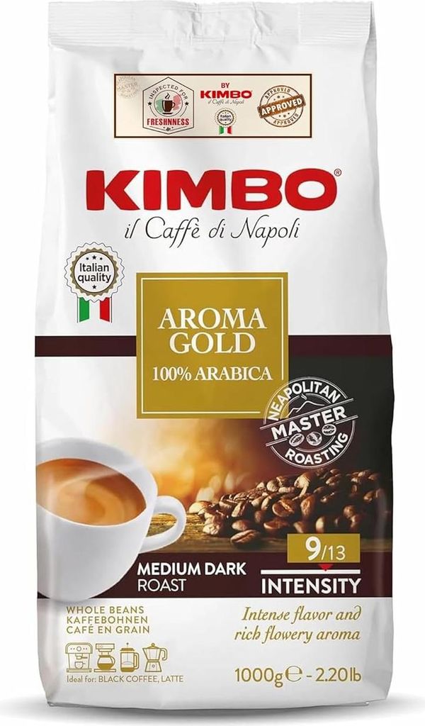 Kimbo Aroma Gold ganze Bohne 1kg – 100% Arabica Kaffeebohnen, mittlere Röstung, Espressogenuss mit Mandel- & Blütennoten für Kaffeevollautomaten