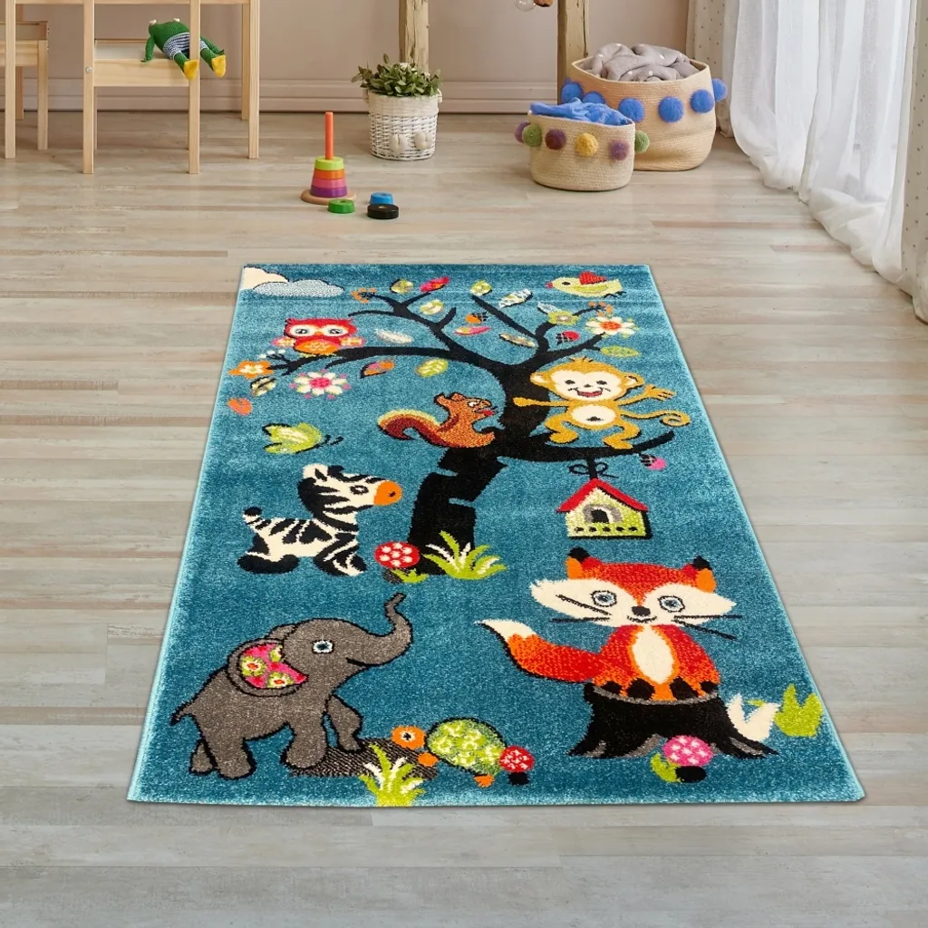 Tapis de chambre d'enfant bleu motifs animaux ludiques - 80 x 150 cm