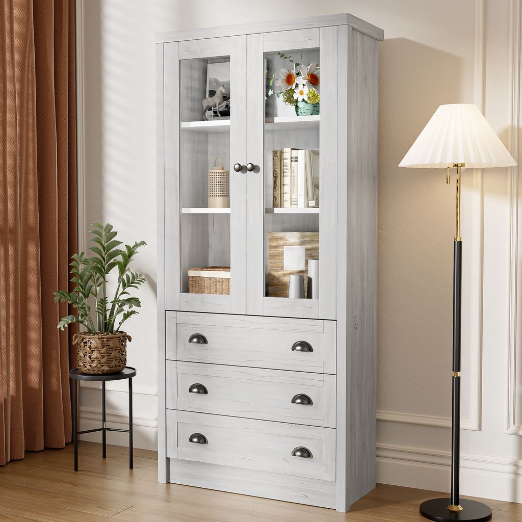 Flieks Kommode, Vitrine mit Glastüren, Weiß Nachbildung, Wohnzimmerschrank mit viel Stauraum, Highboard für Büro Flur Esszimmer, Weiß