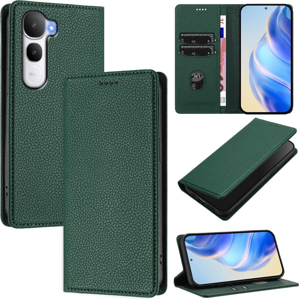 Litchi Leder Handyhülle für vivo Y400 4G Wallet Kartenfächer Standfunktion Hülle Grün
