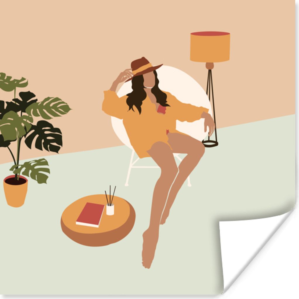 MuchoWow Poster Frau - Stuhl - Hut - Pastell 30x30 cm - Wandposter - Printing
