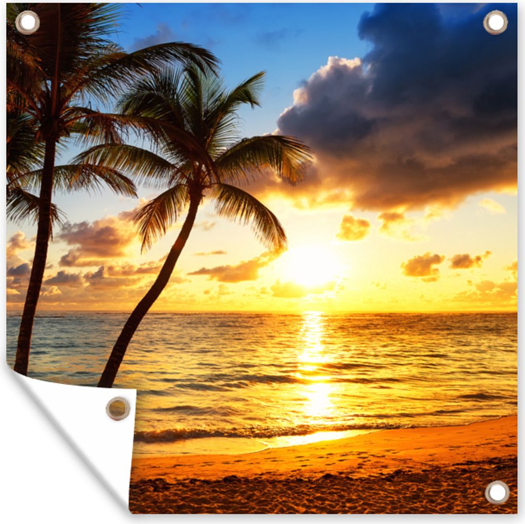 MuchoWow 50x50 cm Outdoor-Poster Gartendeko Sichtschutz Garten Poster für den Garten Strand - Horizont - Sonnenuntergang - Palme - Meer