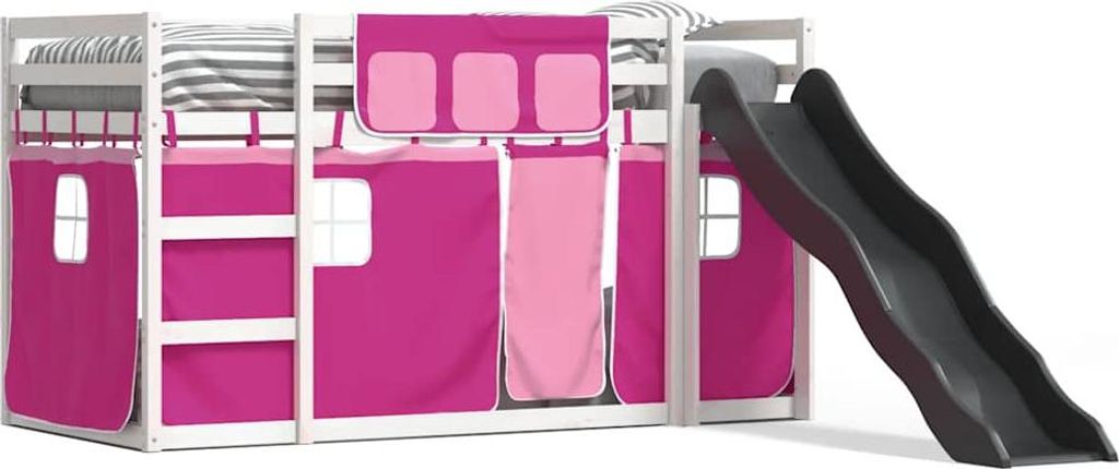 vidaXL Etagenbett mit Rutsche und Gardinen Rosa 90x190 cm