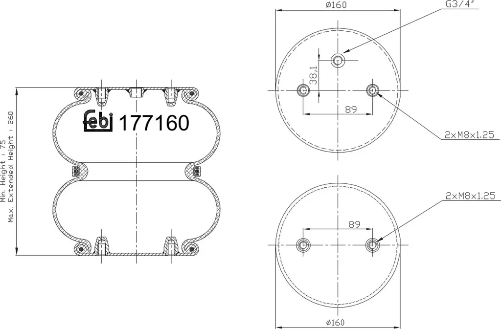 Amortisseur pneumatique FEBI 177160 robuste 160 mm pour Citroën C3