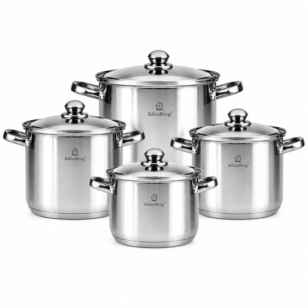 KlönBerg Küchenzubehörset | 8-teiliges Induktionsgeschirrset | große Töpfe XXL| 7L/9L/11L/13,5L |Edelstahl | gehärtete Glasdeckel | KB2531