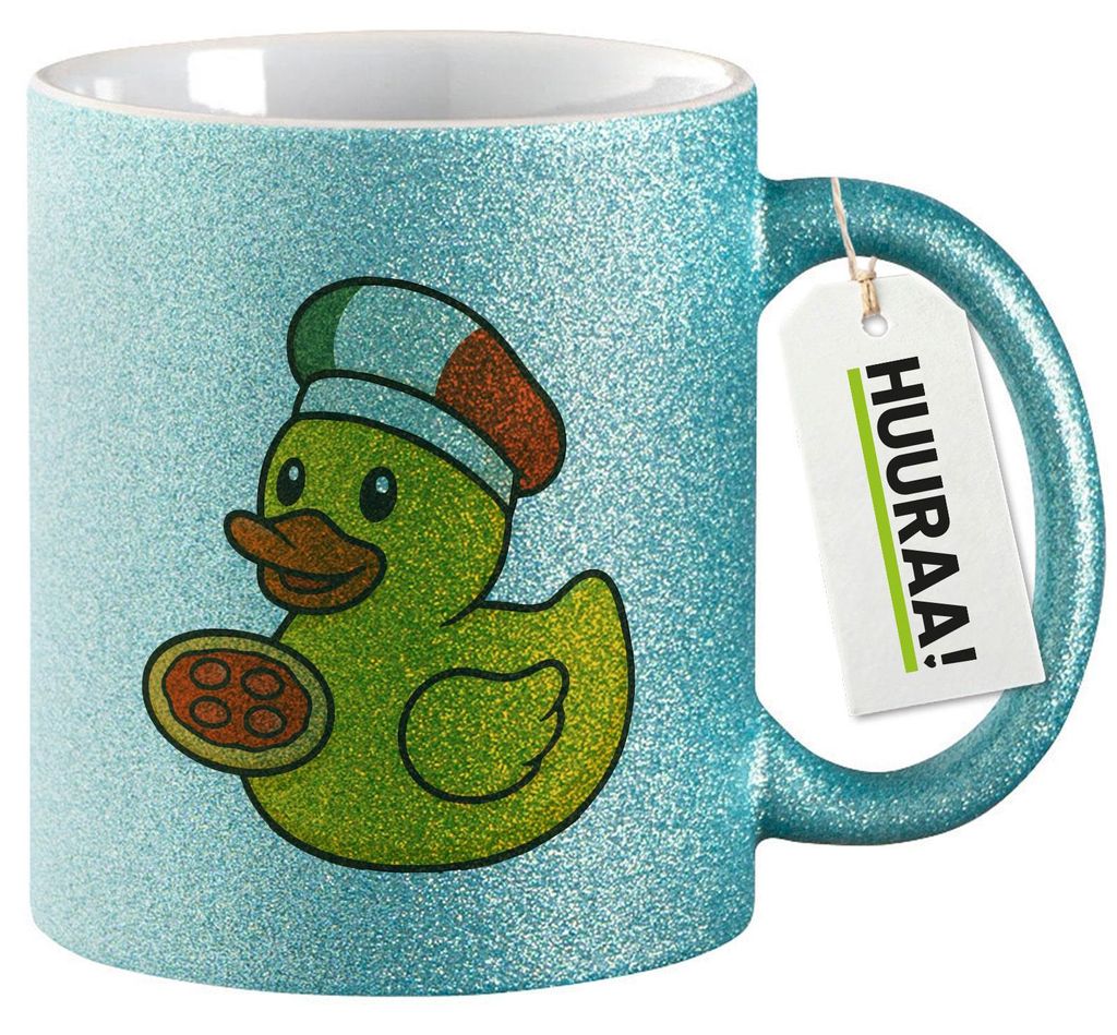 Huuraa Glitzertasse Quietscheente Italien Gummiente Italiener 330ml Blau Keramik Kaffeebecher Geschenkidee