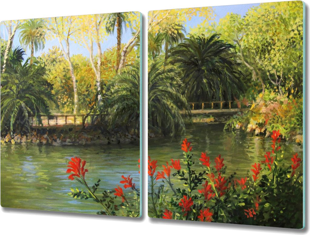 Coloray Hackbrett Herdabdeckplatte 2x40x52 cm Küchenbrett Kochplattenabdeckung Schneidebrett - Wald-Fluss-Brücke