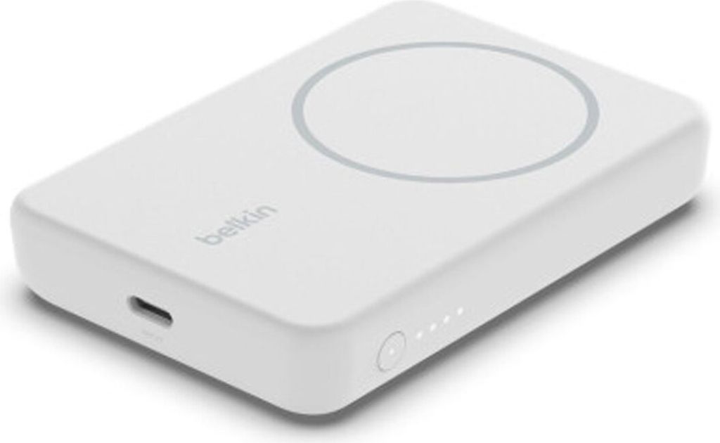 A white Belkin power bank is shown from a diagonal angle on a white background.