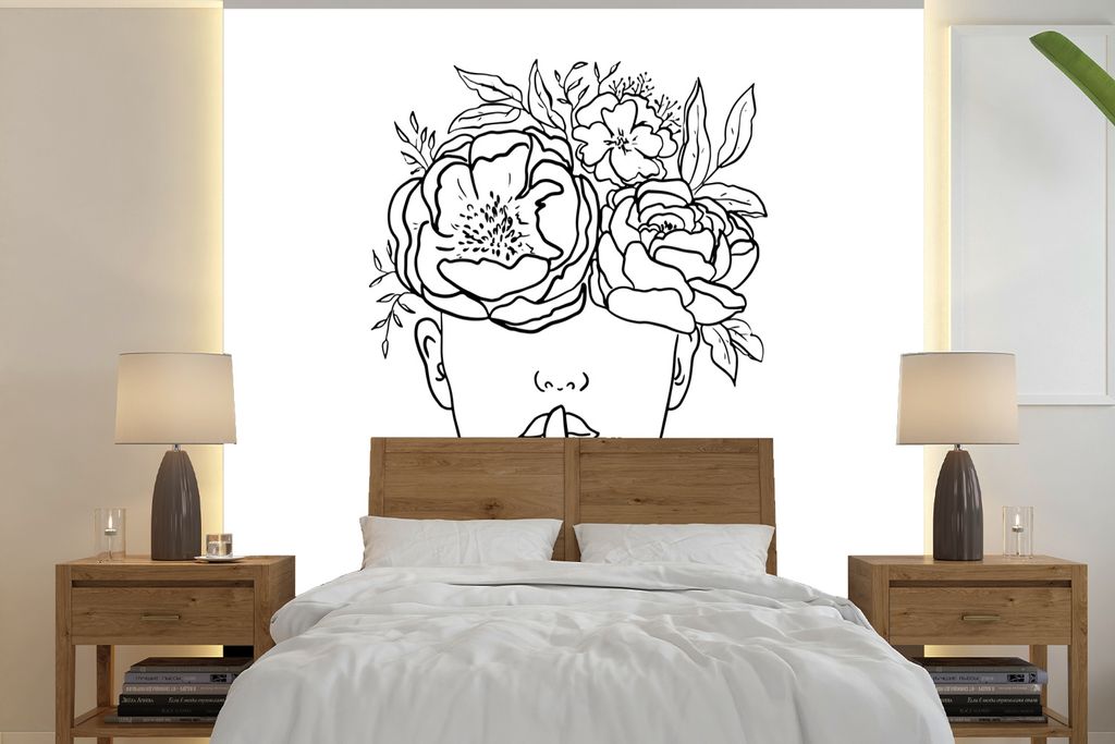 MuchoWow Fototapete für Wohnzimmer oder Schlafzimmer Wandtapete Vinyl Motivtapete Abstrakte Strichzeichnung einer Frau mit Blumen im Haar und ei...