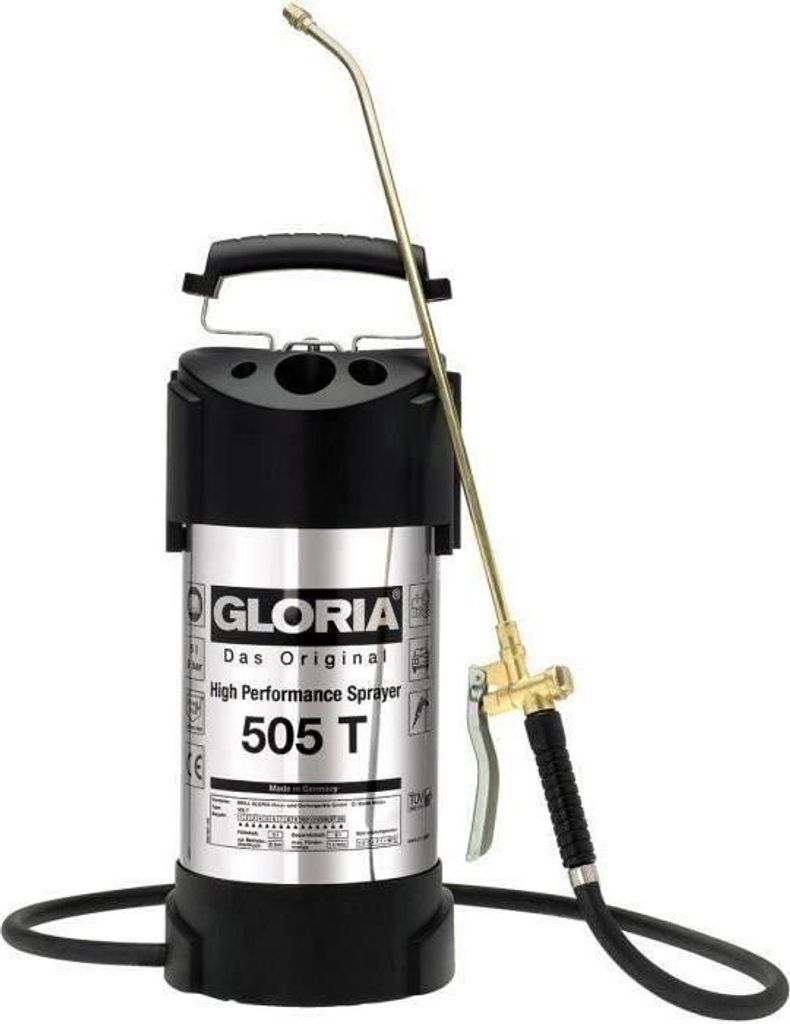Gloria Drucksprüher 505 T, 5 L Edelstahlbehälter, 6 bar, 1.35M Schlauch
