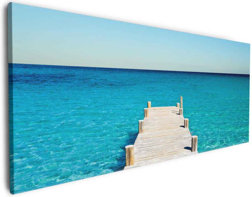 Wallario Premium Leinwandbild Steg am tropischen Meer in Größe 50 x 125 cm