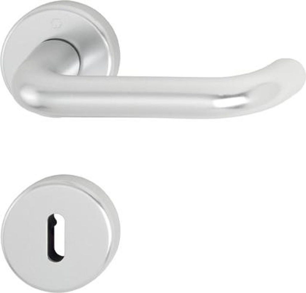 A silver door handle and escutcheon plate against a white background.