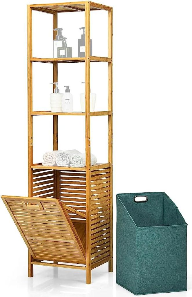 Bambus Regal mit Wäschekorb BW1 Badezimmer Hochschrank
