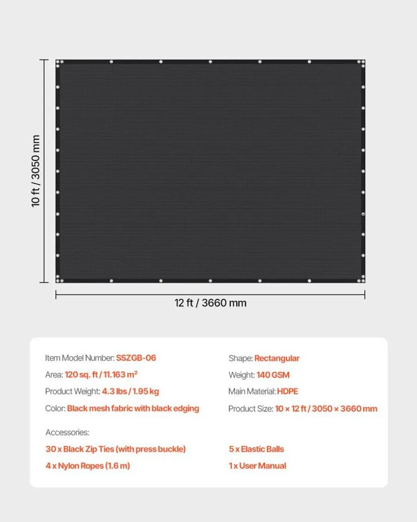 Filet de protection UV 90% résistant pour ombrage extérieur 305x366 cm