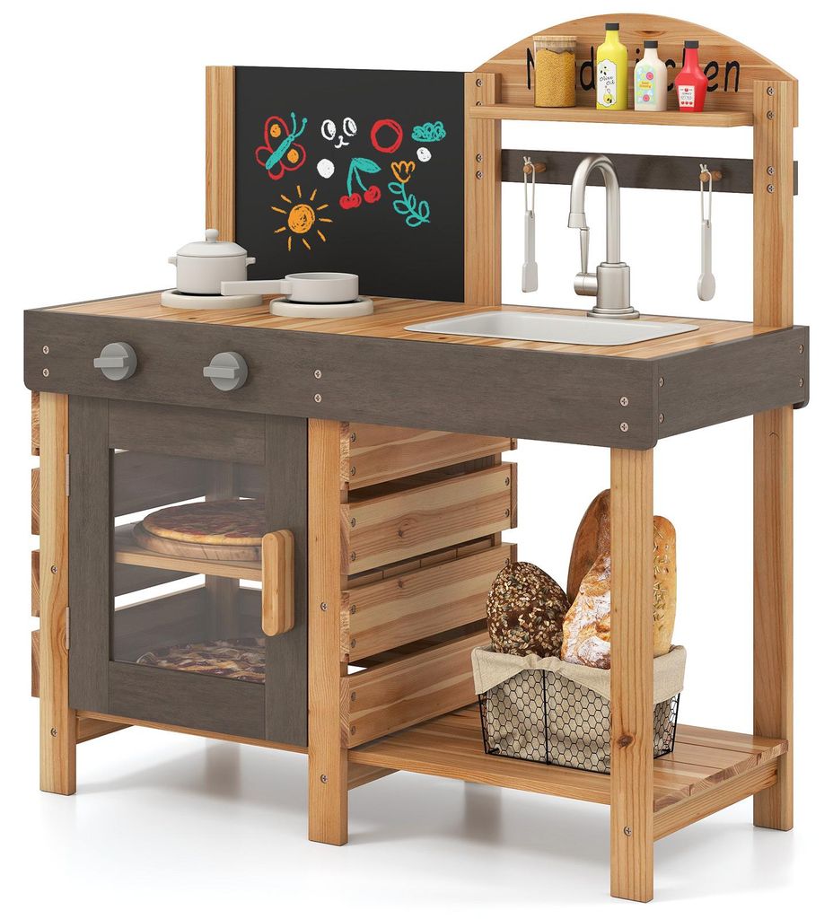 COSTWAY Matschküche Kinder Outdoor, Kinderküche Holz mit Zubehö, Tafel, Herden, Spüle, Wasserhahn&Backofen, Outdoorküche für Kinder 3+