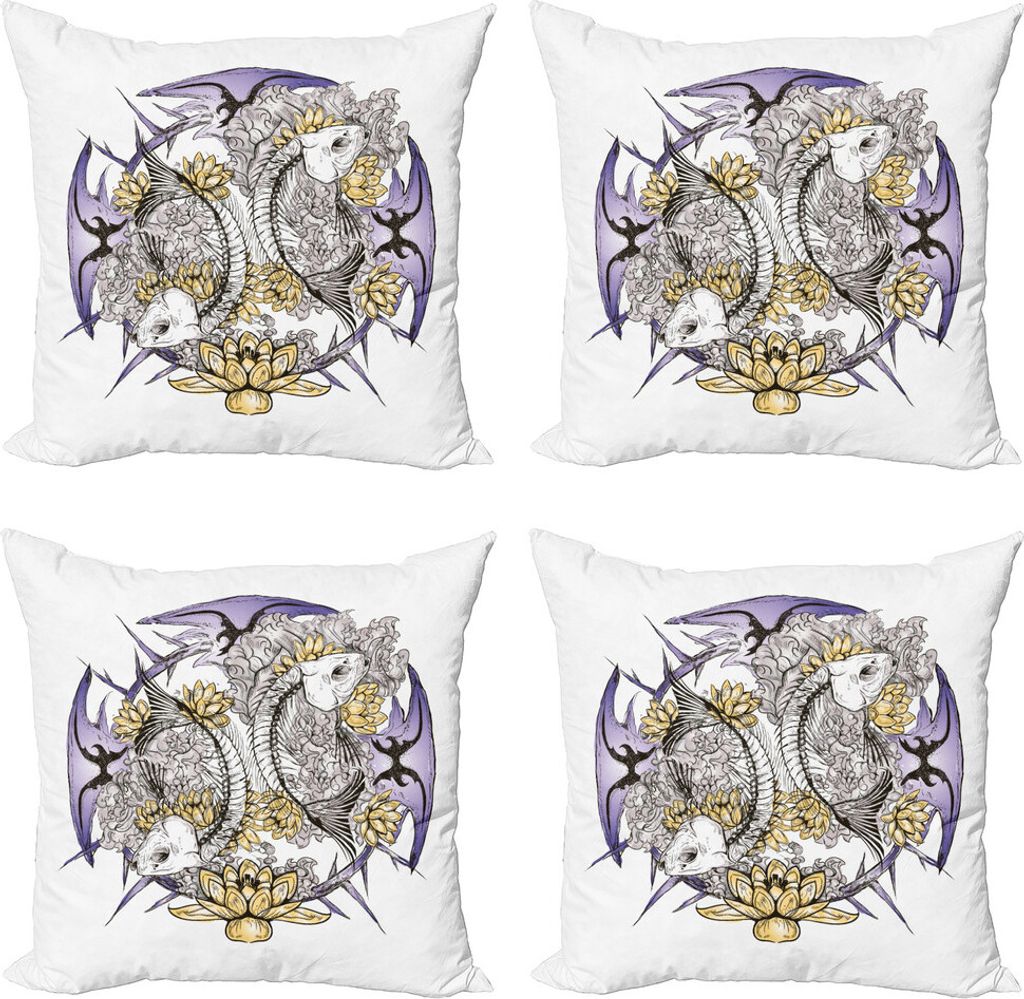 ABAKUHAUS Schädel Kissenbezug Set (4 Stück), Fisch-Skelett Lotus Kunst, Moderner Doppelseitiger Digitaldruck, 50 cm x 50 cm, lila, Gelb