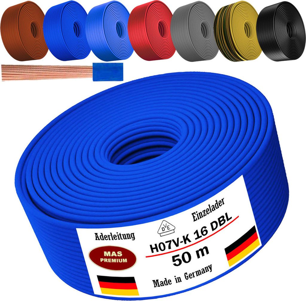 50m Aderleitung H07 V-K DBL 1x16 mm² Dunkelblau Einzelader flexibel