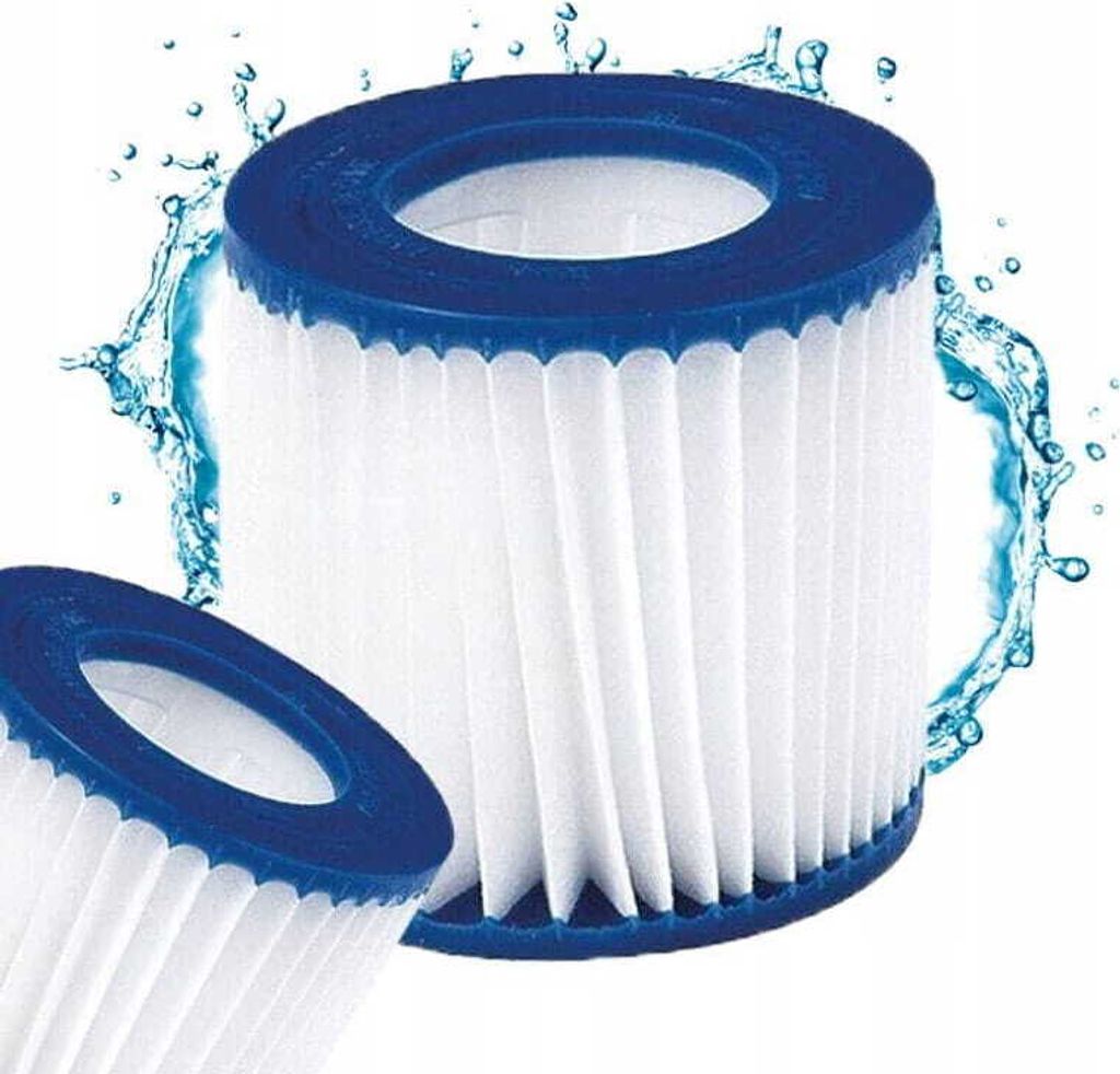 Two pool filter cartridges with blue rims and white pleated filter material, with water splashes around them.