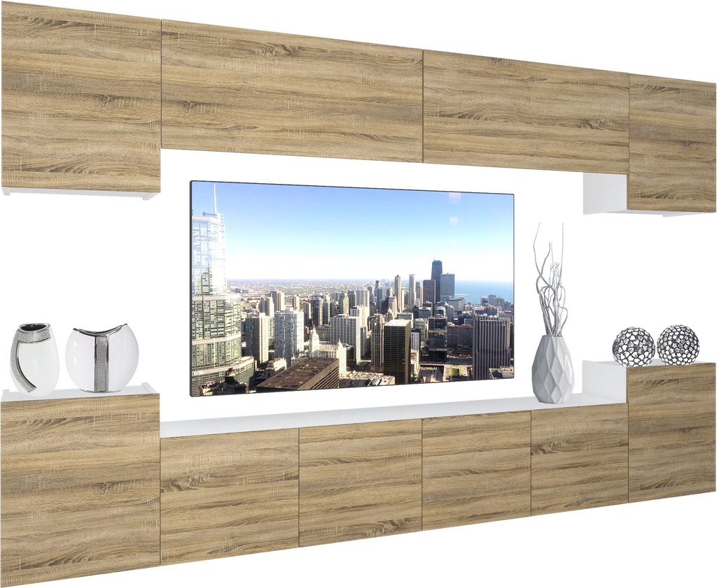 BELINI Wohnwand Vollausstattung Wohnzimmer-Set Moderne Schrankwand mit LED-Beleuchtung Weiß Glänzend Anbauwand TV-Schrank Sonoma Eiche Matt