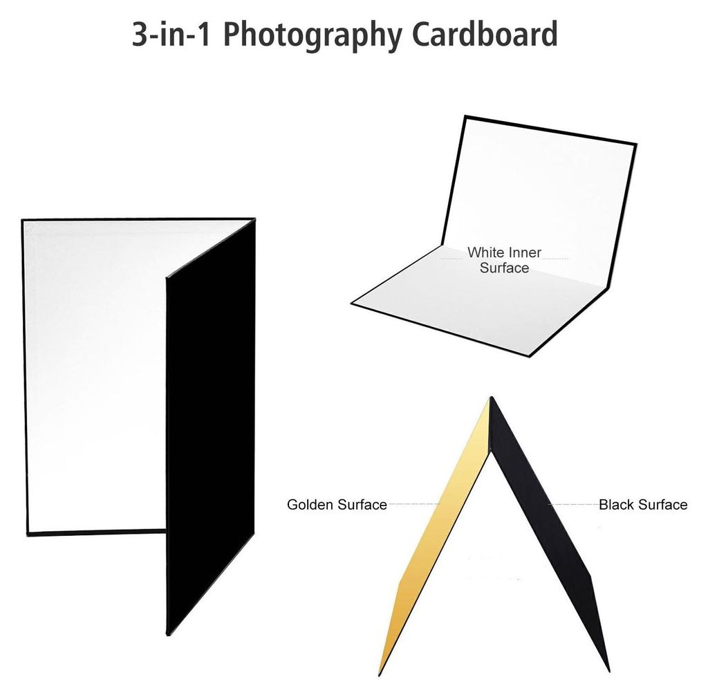 3-in-1-Fotografie-Karton, zusammenklappbares Reflektor-Diffusor-Board (schwarz + weiß, golden) für Fotoaufnahmen von Stillleben, Produkten und Le...