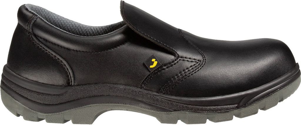 A black slip-on safety shoe with a grey sole is shown against a white background.