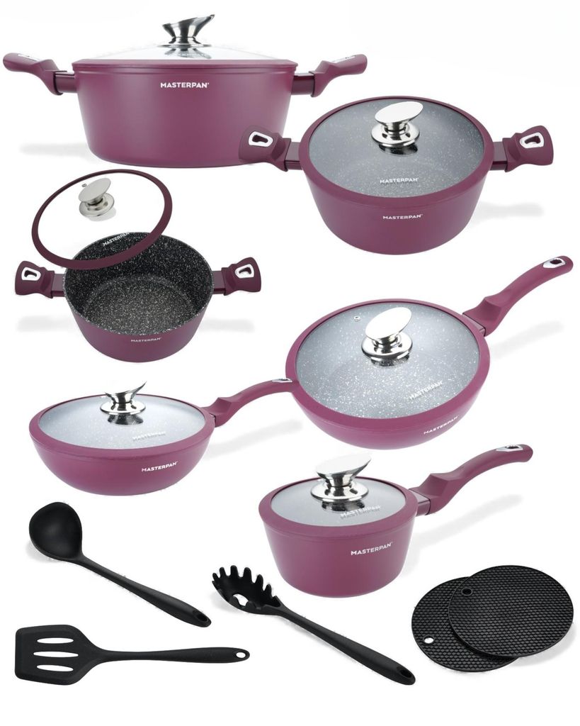 Masterpan 15-teiliges Topfset | Burgund Töpfe | mit Deckel | Kochtopf | Deckel | Pfanne | Topf- und Pfannenset | Induktion | Induktionstöpfe | 7005