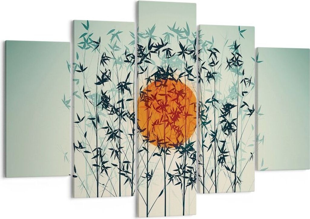 Bild auf Leinwand - Leinwandbild - 5 Teile - Westen Sonne Gras - 150x100cm - Wand Bild - Wanddeko - Wandbilder - Leinwanddruck - Bilder - Wanddekor...