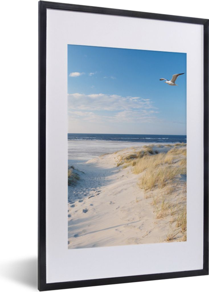 MuchoWow Gerahmtes Poster Düne - Möwe - Strand - Meer - Sonne 40x60 cm - Poster mit Schwarzem Bilderrahmen Wandposter Rahmen Foto Bilder - Post...