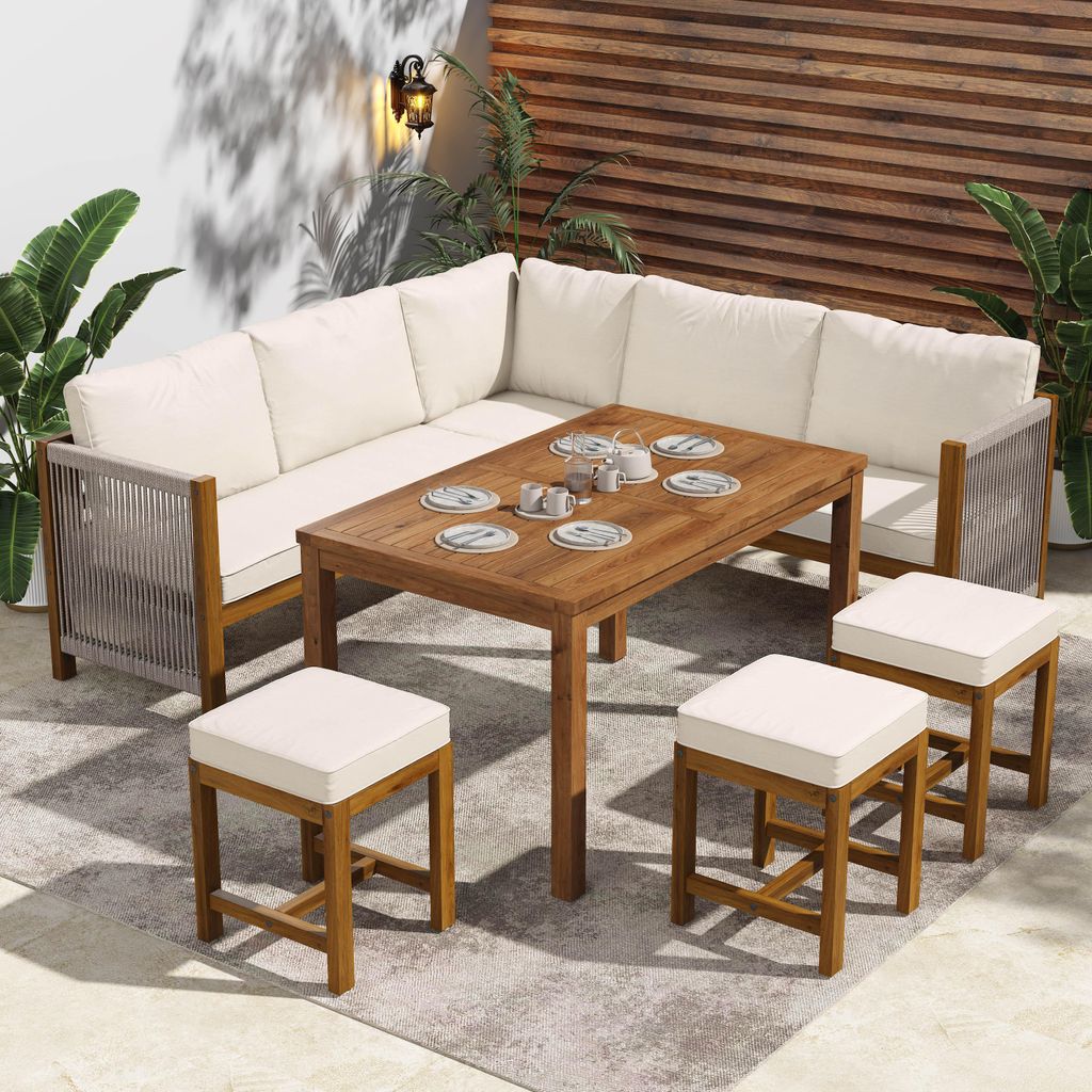 Terrassenmöbel-Set für 7–8 Personen, Rattan-Gartenlounge, Outdoor-Sofaset mit Ecksofa, 3 Hockern und Tisch für Balkon, Garten, Veranda, Beige