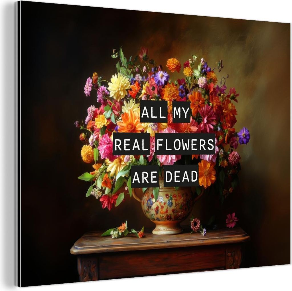 MuchoWow Wanddekoration Metall Metallbild Wandkunst 80x60 cm Farbe - Blumen - Vintage - Blumenvase MuchoWow Aluminium Gemälde - Alubild