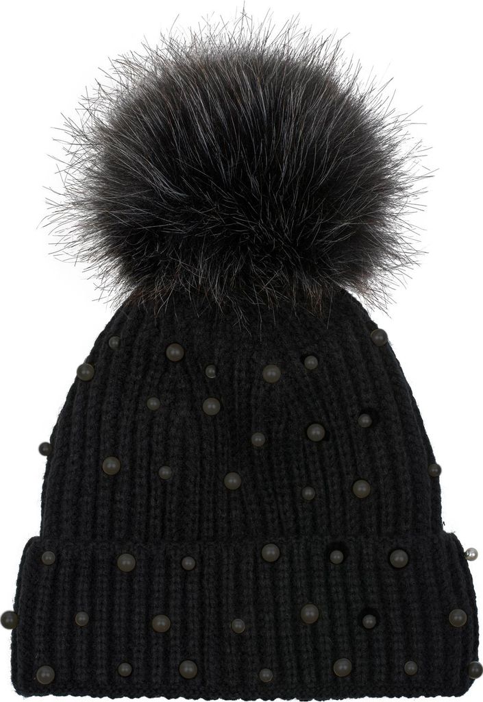 styleBREAKER Damen Strick Bommelmütze mit Perlen und Fleece Futter, warme Winter Fellbommel Mütze, Fake Fur 04024155