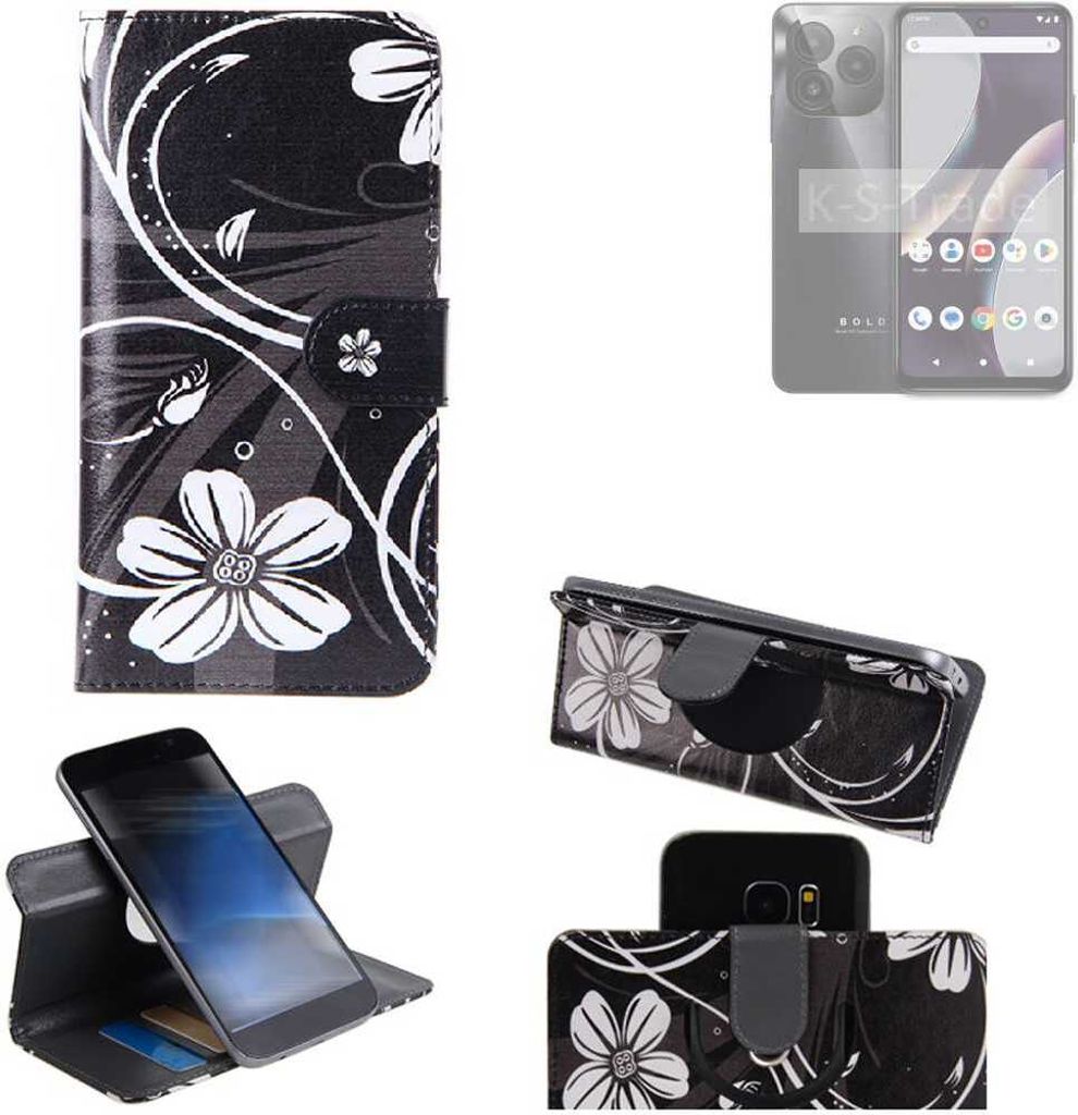 K-S-Trade Schutzhülle Handyhülle kompatibel mit BLU Bold K10 Hülle 360° Wallet Case “Flowers“ Klapphülle Hülle schwarz-weiß 1x