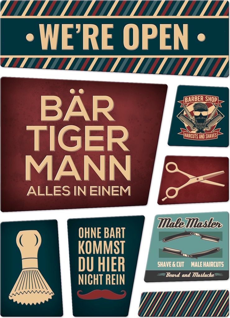 Barber-Shop Kühlschrankmagnete im 8er Set Bart Mann Männer Barbier Shop Schere