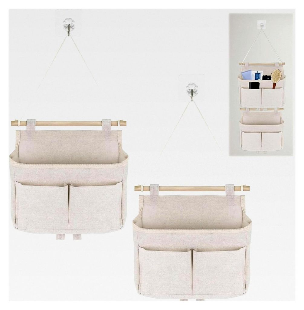 2 Stück Hängeorganizer aus Baumwolle und Leinen, Wandaufbewahrung mit mehreren Taschen in Beige für Küchen, Bäder und Schlafzimmer
