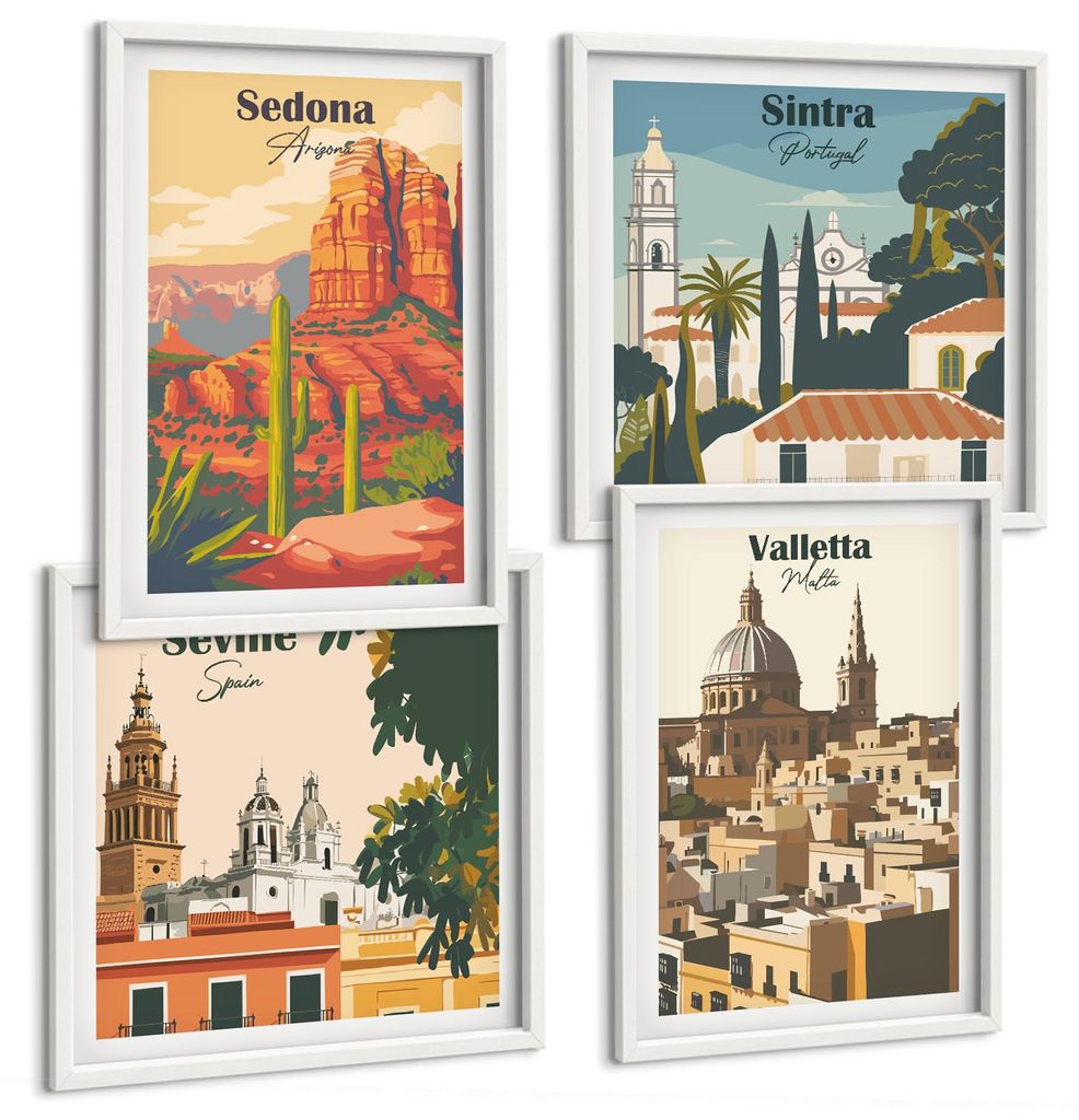 Bilder Set 4-teilig im Goldrahmen Rahmen – Wandbilder 4 Stück – gerahmte Poster für Wohnzimmer, Schlafzimmer und Flur – 50x50 cm - 40x60 cm...