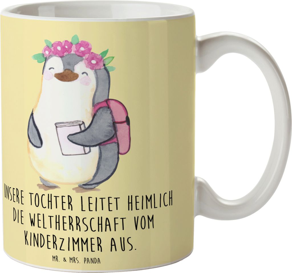 Mr. & Mrs. Panda Kaffeetasse Tochter Weltherrschaft - Gelb Pastell - Geschenk, Freude, Liebe, Weihnachten, Kreativität, Tasse mit Spruch, schöne,...