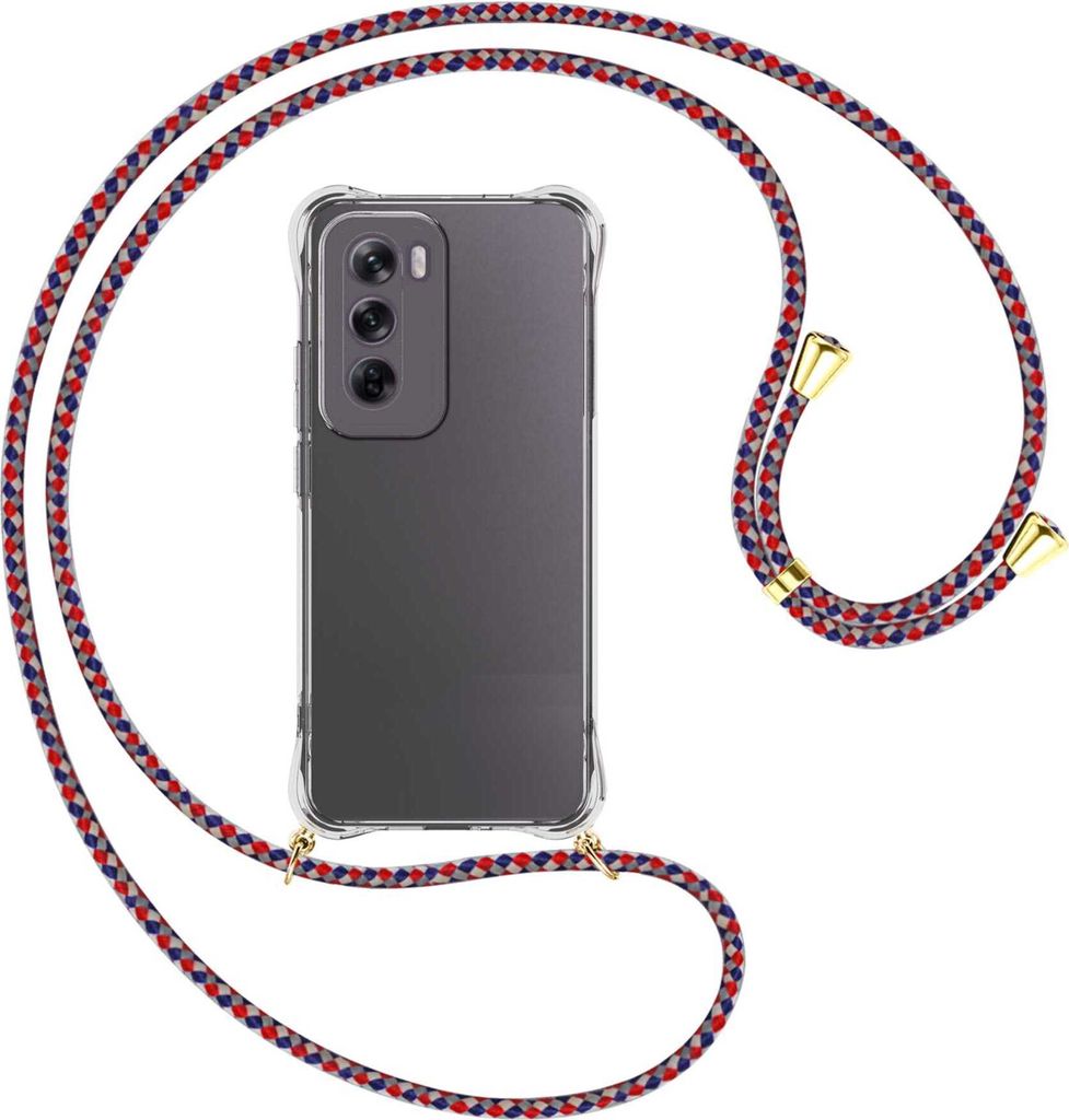 Handykette Backcover-Schutzhülle mit Band (Metall goldfarben) für OPPO Reno 12 5G - silber/blau/rot