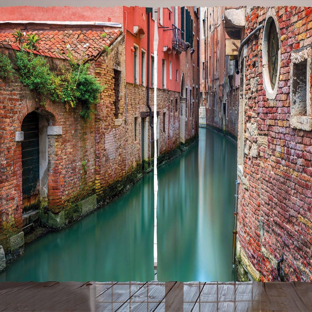 ARANDE Venedig Gardine, Szenischer Wasser-Kanal und alte Häuser der historischen Gebäude brick Walls, 280 x 245 cm, Jade Grün Dunkel Coral