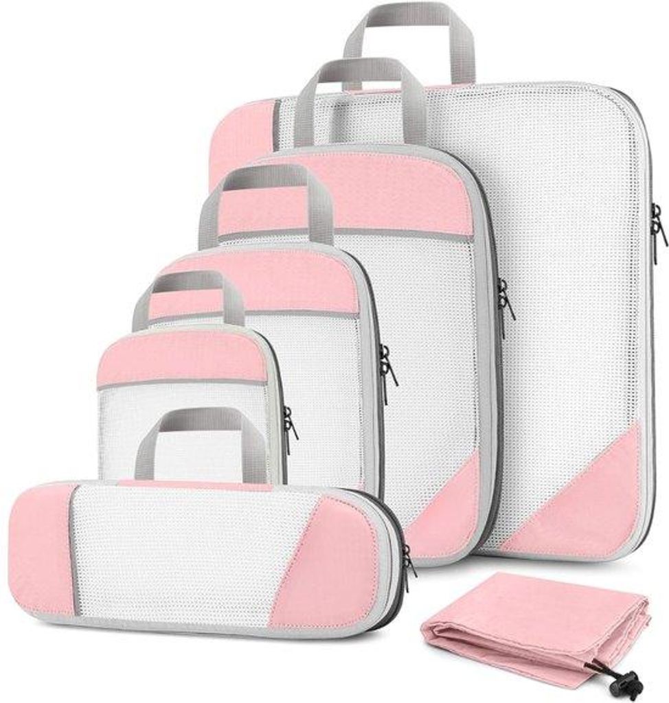 Famanu Kompressions-Packwürfel - 6-teilig - robuste und langlebige Verpackungswürfel - Kofferorganizer - rosa - 6 Stück