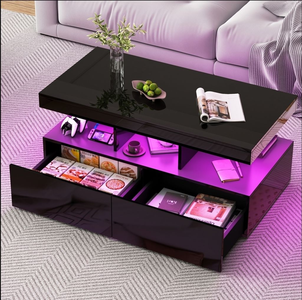 Fortuna Lai LED Couchtisch Wohnzimmertisch mit Regal Hochglanz Modern Beistelltisch Kaffeetisch mit 2 Schubladen 104 x 53 x 46cm (Schwarz)