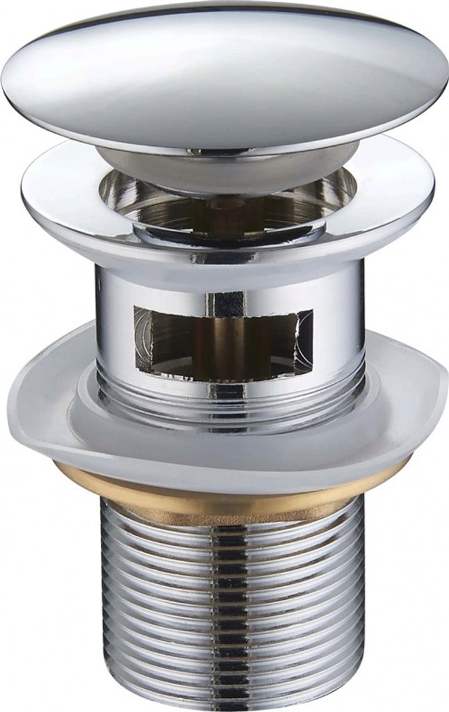A chrome-plated pop-up drain stopper for a sink.