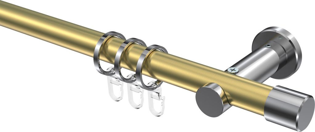 Interdeco Gardinenstange / Vorhangstange Messing-Optik / Chrom, Typ Platon Santo (Kappe), 20 mm Ø 1-läufig, 480 cm