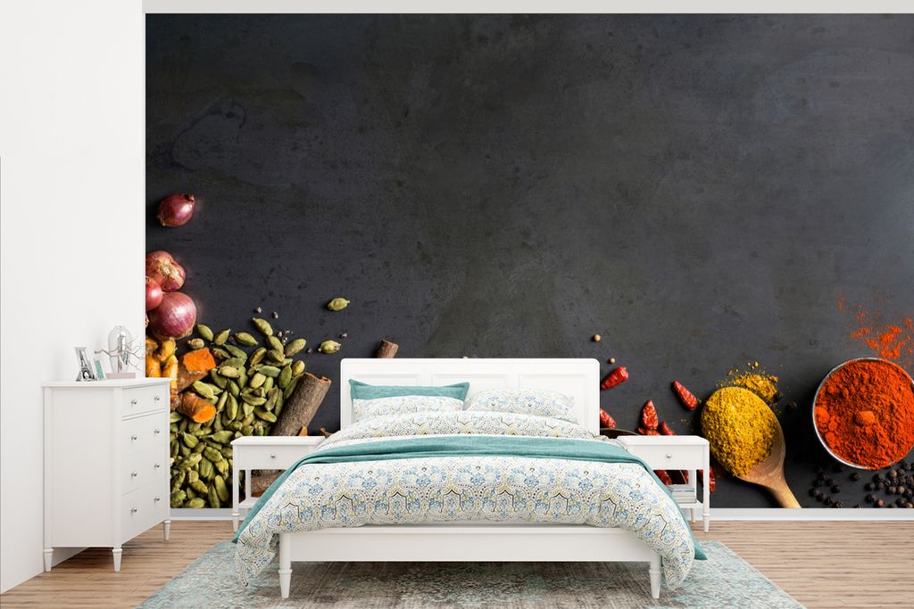 MuchoWow Fototapete für Wohnzimmer oder Schlafzimmer Wandtapete Vinyl Motivtapete Kräuter - Lebensmittel - Gewürze - Schwarz - Paprika - Zimt ...