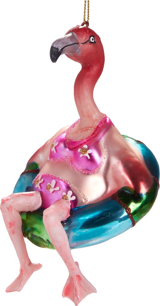 A glass flamingo ornament wearing a bikini and sitting in a swim ring.